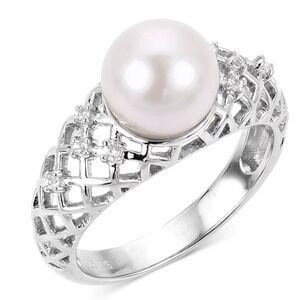 Cultured Freshwater Pearl & White Sapphire Ring in Sterling Silver - Size 7